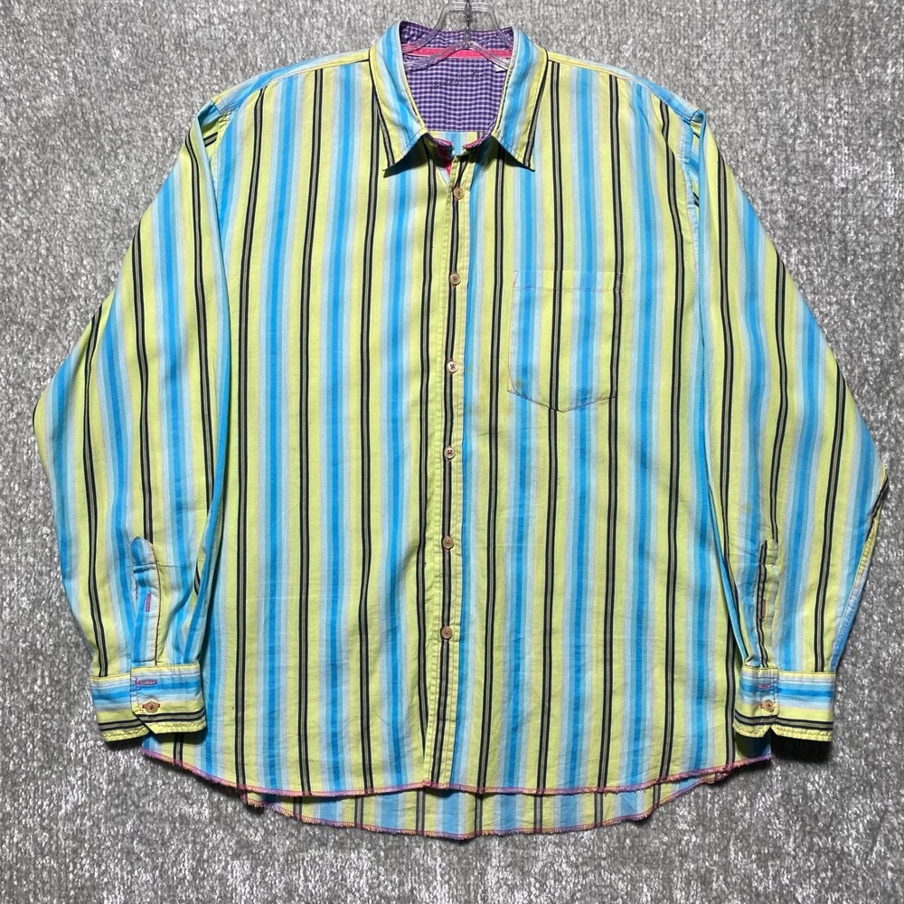 Robert Graham Mens Striped Button Down Shirt Lime Green Blue L/S XL